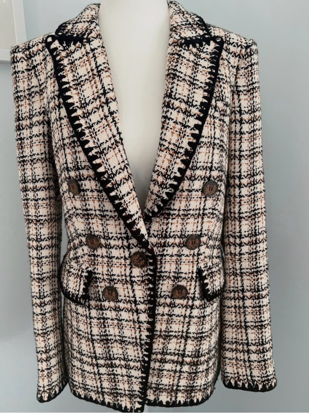 Veronica Beard Ecru and Ochre Plaid Double-Breasted Blazer - Picture 4 of 5